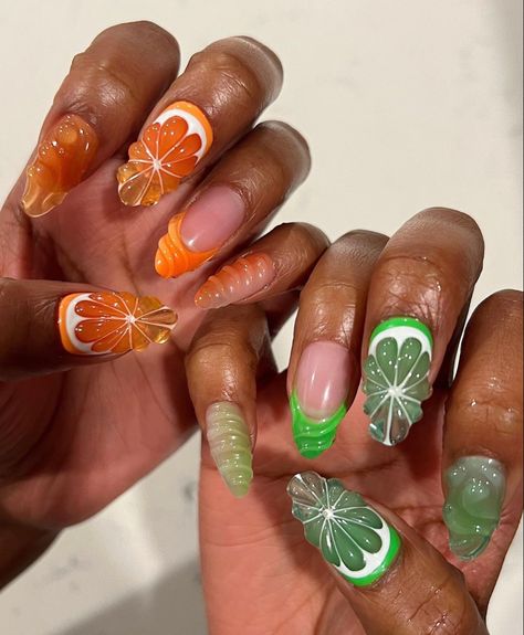 Lemon Drop Nails, Fruit Acrylic Nails Design, Citrus Nail Designs, Square Fruit Nails, Fruit Nails Art, Jelly Fruit Nails, Lime Nail Designs, Crazy Cool Nails, Lime Fruit Nails