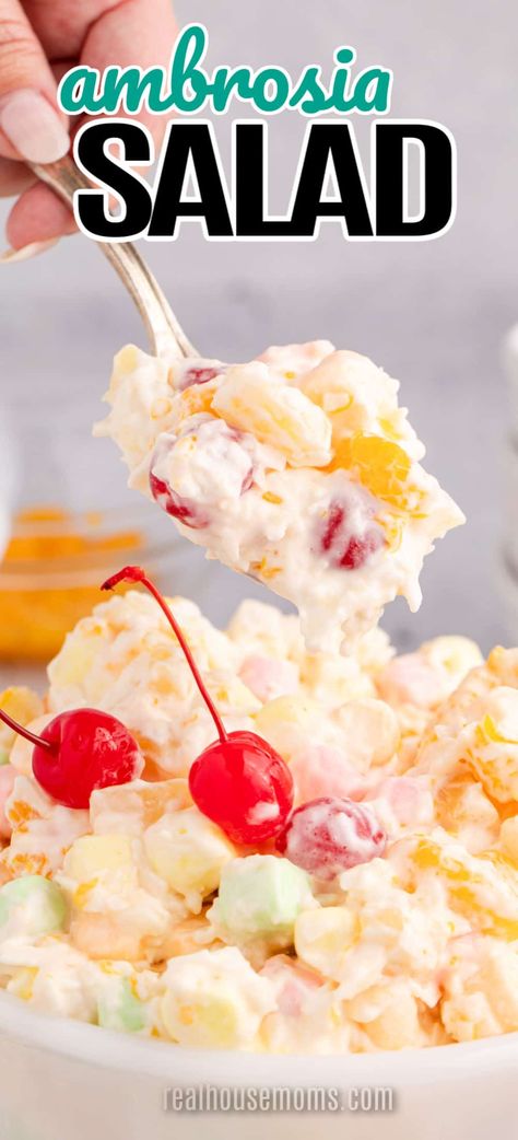 Classic Ambrosia Salad is a sweet, tangy crowd-pleasing dessert, featuring a combination of mini marshmallows, fruit, and whipped cream!#RealHousemoms #dessert #southernfood #marshmallow #oranges #pineapple #cherries #coconut #coolwhip #whippedcream #fruitsalad Marshmellow Salad, Whipped Cream Fruit Salad, Fruit And Whipped Cream, Marshmallow Dessert Recipes, Summer Potluck Dishes, Marshmallow Salad, Jello Fruit Salads, Cookie Salad, Jello With Fruit