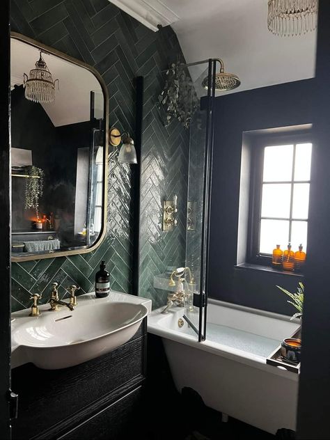 Green Herringbone Tile Bathroom, Herringbone Tile Bathroom, Dark Green Bathrooms, Spa Style Bathroom, Green Tile Bathroom, Spa Style, Herringbone Tile, Style Bathroom, Bathroom Inspiration Decor