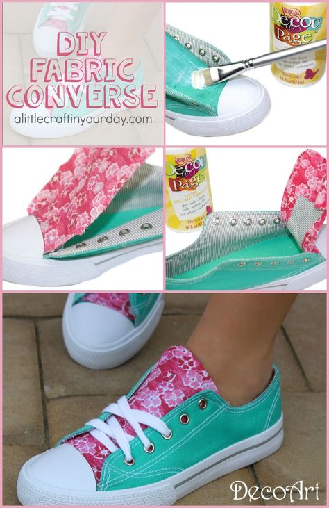 DIY Fabric Accent Sneakers - A Little Craft In Your DayA Little Craft In Your Day Diy Sneakers, Diy Fabric Crafts, Shoe Crafts, Diy Vetement, Kleidung Diy, Ropa Diy, Diy Shoes, Painted Shoes, Diy Fabric