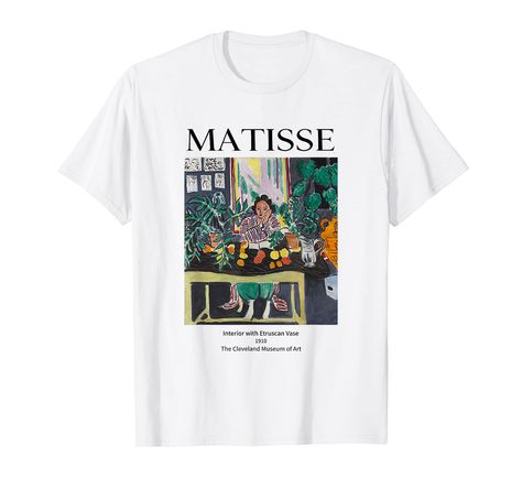 PRICES MAY VARY. Matisse inspired wearable art tee - a vibrant and striking design of the famous painting "Interior with Etruscan Vase". Perfect gift for any art lover or fashion enthusiast. Whether you wear it to a gallery opening, a casual dinner with friends, or just for a day out, you'll feel confident and stylish in this wearable work of art. Upgrade your wardrobe today! Lightweight, Classic fit, Double-needle sleeve and bottom hem Gallery Opening, Matisse Inspired, Paint Shirts, Shirt Aesthetic, Cleveland Museum Of Art, Matisse Art, Fashion Enthusiast, Dinner With Friends, Casual Dinner