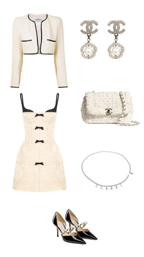 Chanel bag, Chanel blazer, Chanel earrings, Chanel chain, high heels, dress Chanel Fall Outfit, Old Chanel Outfit, Chanel Two Piece Set, Casual Royalty Outfits, Coco Chanel Outfit Ideas, Chanel Birthday Outfit, Cream Tweed Skirt Outfit, Chanel Outfits Women Casual, Chef Outfit Aesthetic