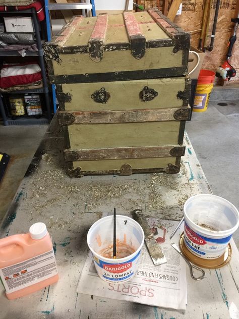 By removing three layers of paint from the wood and metal on this trunk, it went from drab to fab! Trunk Refinishing Ideas, Trunk Decorating Ideas Living Rooms, Old Trunk Makeover Ideas, Old Trunk Redo, Vintage Trunks Makeover, Antique Trunk Makeover, Shabby Chic Trunk, Steamer Trunk Makeover, Trunk Redo