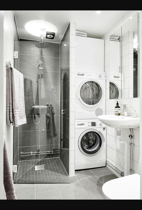 Bathroom Small Shower Ideas, Laundry Bathroom Combo, Laundry Room Storage Shelves, Ideas Baños, Small Shower, Bathroom Shower Design, Laundry Room Bathroom, Bathroom Small, Small Showers