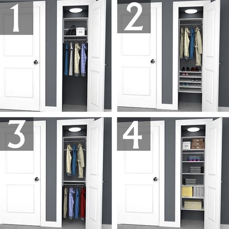 Design Ideas for 6-foot, 3-foot, and 2-foot Reach-in Closets | EasyClosets Couples Closet Organization, Couples Closet, Small Apartment Storage Solutions, Rooms For Couples, Unique Bedroom Ideas, Closet Dimensions, Home Organization Tips, House Improvement, Bedroom Closets