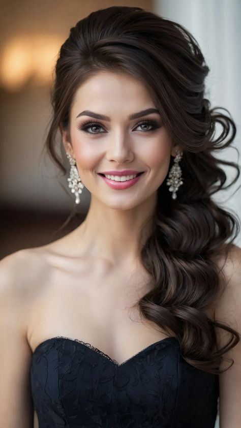 Hair Down Red Carpet, Evening Wear Hairstyles, Hairstyle Ideas For Formal Event, Casino Hairstyles Las Vegas, Formal Hair Down Medium, Gala Hairstyles Long Classy, Hairstyles For Gala Event, Formal Hairstyles With Bangs, One Sided Hairstyle