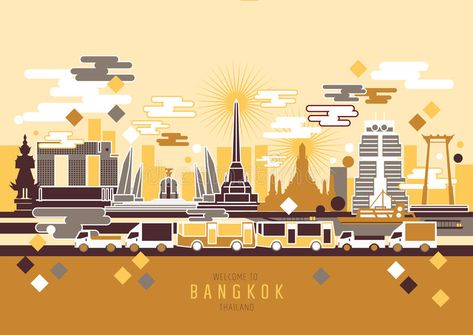 China Town Art, Thailand Bangkok City, Bangkok Illustration, City Vector Illustration, Thailand City, Animation Ideas, Bangkok City, City Vector, Thailand Bangkok