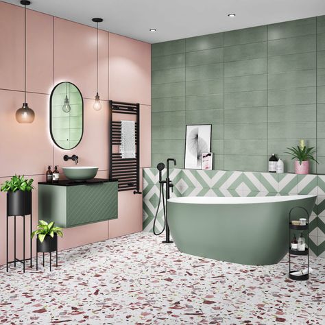 Update your bathroom with these 5 key products and bring the calming tranquil on trend colour to your renovation Pastel Green Bathroom Ideas, Pink And Olive Bathroom, Green And Blush Bathroom, Small Bathroom Ideas Sage Green, Coloured Bathroom Suite, Avocado Bathroom Suite Makeover, Blush And Green Bathroom, Sage And Pink Decor, Bathroom Pink Green