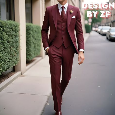 Red Prom Suits For Guys, Mens Suits Wedding Guest, 3 Piece Suit Groom, Burgundy Suit Men, Burgundy Suits, Burgundy Tux, Red Prom Suit, Grad Suits, Trending Suits