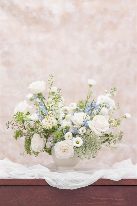 Blue Flower Centerpieces, Blue Flower Arrangements, White Wedding Centerpieces, White Floral Centerpieces, Baby Blue Weddings, White Floral Arrangements, Blue White Weddings, Blue Centerpieces, White Flower Arrangements