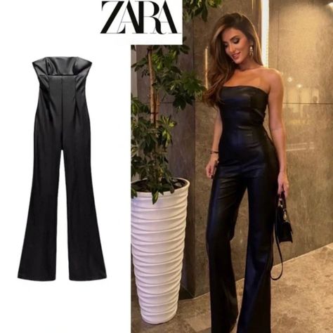 Nwt Zara Strapless Faux Leather Jumpsuit Black Leather Jumpsuit, Rayon Pants, Jumpsuit Black, Jelly Shoes, Zara Pants, Walker Boots, Pajama Shirt, Black Jumpsuit, Trending Accessories