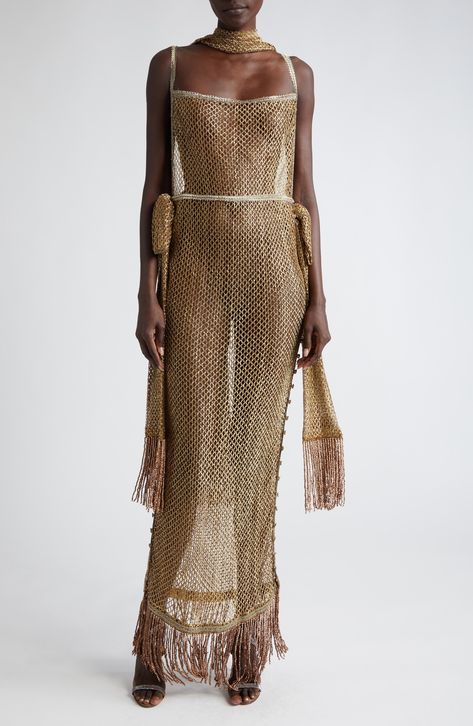 Bode Beaded Fringe Sheer Lamé Lace Maxi Dress | Nordstrom Egyptian Dress, Beaded Fringe Dress, Hand Knitted Dress, Gold Maxi Dress, Sheer Maxi Dress, Golden Dress, Designer Clothing Brands, Long Beach Dress, Mesh Maxi Dress