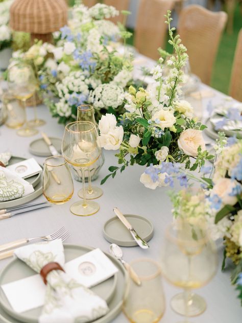 Baby blue and sage green wedding reception table with lavender and white florals | wedding table details, reception table decor, reception details Green White Wedding Table Decor, Green Yellow Blue Wedding, Light Blue And Sage Green Wedding, Light Blue And Green Wedding, Sage And Blue Wedding, Sage Green Table Setting, Blue Green And White Wedding, Blue Green White Wedding, Sage Green And Lavender Wedding