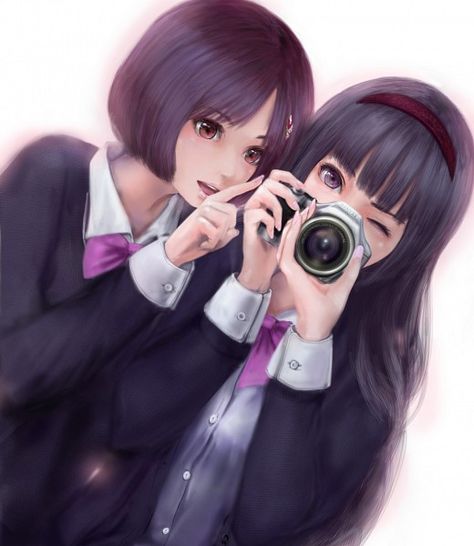 photo Me And My Bff, Anime Siblings, My Bff, Friend Anime, Anime Couple, Mandala Design Art, Girl Short Hair, Purple Eyes, Anime Best Friends