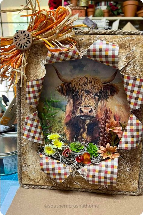 Highland cow painting framed with textured, ribbon-decorated border and surrounding artificial flowers. Busting Canvas, Busted Canvas Tutorial, Busted Canvas Diy, Busted Canvas Ideas, Busted Canvas Crafts Diy, Busted Canvas Crafts, Busted Canvas, Unique Art Projects, 4h Projects