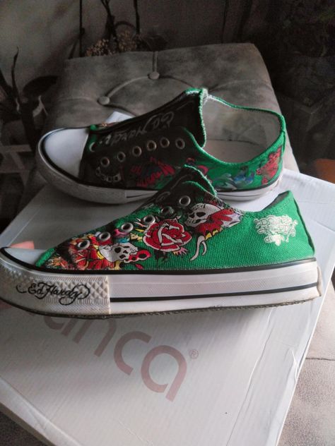 Ed Hardy Shoes, Ed Hardy Outfit, Swaggy Clothes, Shoe Inspo, Thrift Fashion, Swag Shoes, Online Thrift Store, Dream Shoes, Ed Hardy