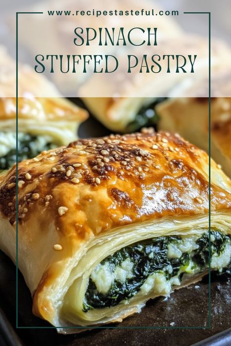 These Spinach Stuffed Pastries are flaky, savory delights filled with a rich mixture of fresh spinach, creamy ricotta, and tangy Parmesan cheese. Perfect as an appetizer or a light meal, they’re easy to make and sure to impress family and friends. Spinach In Puff Pastry Ina Garten, Spinach Ricotta Filo Pastry, Spinach Stuffed Pastry, Recipe Using Ricotta, Stuffed Pastry, Recipes Greek, Cheese Puff Pastry, Southern Recipes Soul Food, Fresh Spinach