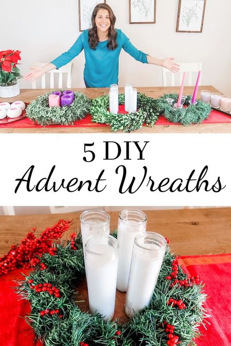 This are my ideas on how to make your own Advent Wreaths. I share 5 different idea and they are all budget friendly! #advent #adventwreath #diyadventwreath Advent Display Ideas, Diy Advent Wreath Candle Holders, Advent Table Decor, Advent Wreaths For Church, Diy Advent Wreath Catholic, Advent Centerpiece Ideas, Modern Advent Wreath Ideas, Advent Wreath Ideas Homemade, Christmas Advent Wreath Diy