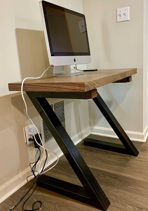 "The Z-Frame Desk is a modern-industrial, minimalist steel and wood table that can be sized and used as a full desk, a standing desk or a computer desk. It presents as a piece of functional art  It matches style with utility and makes as much of an impression in an office, a studio or an apartment. It can be built to virtually any dimensions - including as a standing desk or a drafting table and is solid but comfortable. IDEAL FOR WORK-FROM-HOME SPACES Although the Z-frame is designed primarily Home Office Drafting Table, Wood And Metal Desk Modern, Steel And Wood Desk, Modern Computer Table Design, Steel And Wood Table, Standing Desk Design, Computer Table Design, Wood And Metal Desk, Chair Design Modern