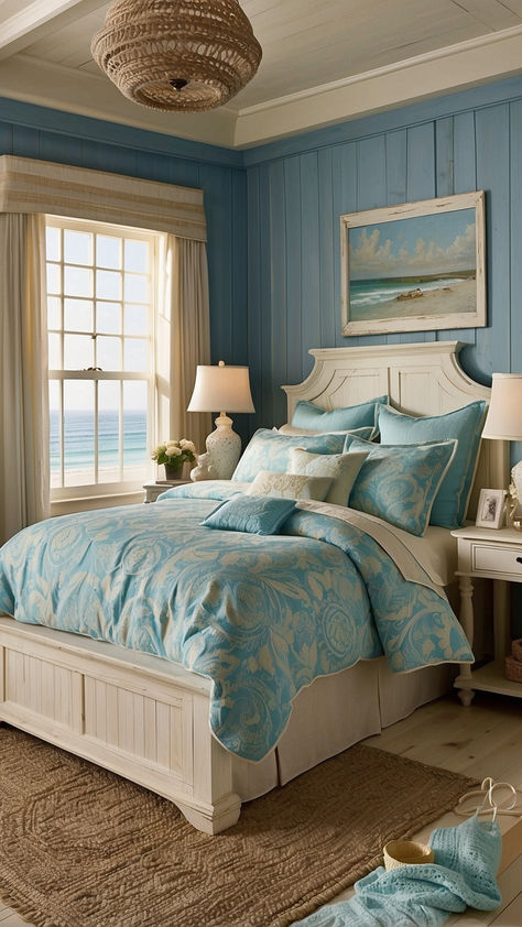 beach room ideas theme bedrooms Beach Room Ideas Theme Bedrooms, Beach Bedroom Colors, Small Coastal Bedroom, Cozy Coastal Bedroom, Modern Coastal Bedroom Ideas, Modern Coastal Bedroom, Ocean Themed Bedroom, Palladian Blue, Bedroom Vibes