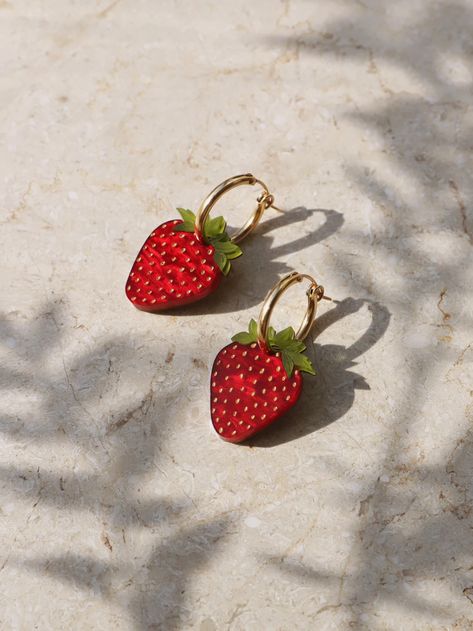 Strawberry Hoops - Gold Wolf And Moon Tattoo, Wolf And Moon, Fruity Design, Strawberry Earrings, Strawberry Summer, Strawberry Charm, Hoop Charms, Wolf Moon, Gold Filled Hoops