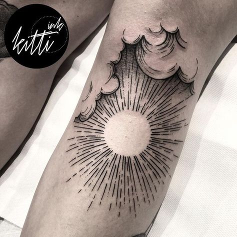 Sun Halo Tattoo, Sun Tattoo On Knee Cap, Elbow Sunburst Tattoo, Fine Line Shoulder Tattoo Men, Cloud Knee Tattoo, Round Elbow Tattoo, Woodcut Sun Tattoo, Animal Elbow Tattoo, Celestial Leg Tattoo