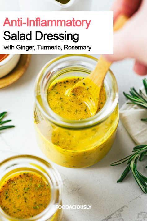 anti-inflammatory ginger turmeric salad dressing Ginger Turmeric Recipes, Breakfast Salad Dressing, Tumeric Recipes Inflammation Raw Honey, Rosemary Salad Dressing, Tumeric Root Recipes Food, Turmeric Dressing Recipe, Turmeric Paste Recipe, Anti Inflammation Dressing Recipes, Anti Immflamatory Salads