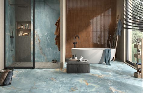 Warm And Cold Colours, Onyx Tile, Suite Bathroom, Polished Porcelain Tiles, Tile Trends, Large Tile, Onyx Marble, Flooring Trends, Large Format Tile