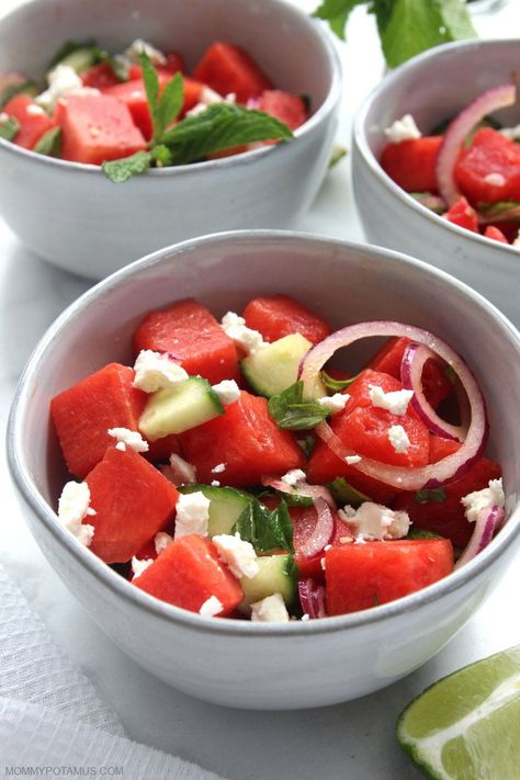 Watermelon Salad Recipe With Feta, Cucumber & Mint Crispy Cucumber, Watermelon And Feta Salad, Feta Cucumber, Parmesan Crusted Zucchini, Watermelon Salad Recipes, Side Salads, Creamy Feta, Chicken Tagine, Watermelon Feta Salad