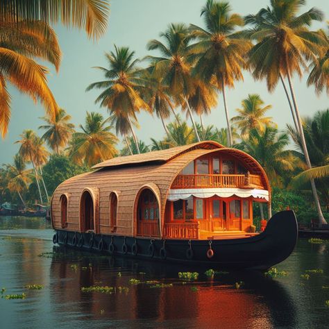 Kerala Natural Beauty, Kerala House Boat Photography, Boat House Photoshoot Kerala, Beauty Of Kerala, House Boat Aesthetic, Kerala Boat House, Kerala Boat, Kerala Images, Restaurant Artwork