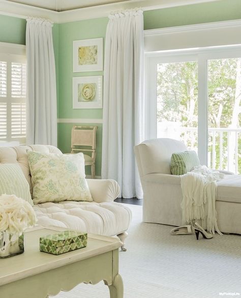 A monochromatic look might be the easiest way to create a soothing bedroom escape. Light Green Bedrooms, Mint Green Bedroom, Mint Green Rooms, Green Bedroom Walls, Light Green Walls, Curtain Green, Mint Green Walls, Cottage Shabby Chic, House Of Turquoise