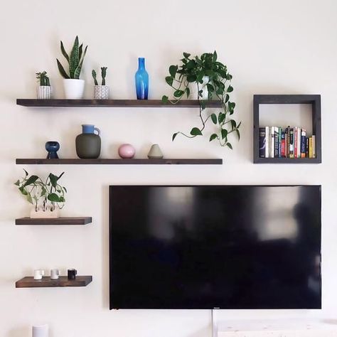 Floating shelves, wooden shelves, picture ledge, shelf bracket, industrial shelf | Living room designs, Living room decor inspiration, Floating shelves living room Wall Storage Ideas, Tv Wall Shelves, Shelves Living Room, Home Decor Business, Room Decor Inspiration, Space Saving Ideas, Ruang Tv, Bedroom Tv Wall, Industrial Shelf