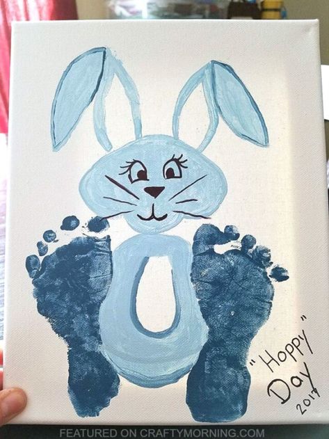 A blue bunny picture with baby footprints as its feet Easter Bunny Craft, Crafty Morning, Easter Canvas, Bunny Craft, Easter Paintings, Fun Easter Crafts, Baby Art Projects, Bunny Painting, Adventure Club