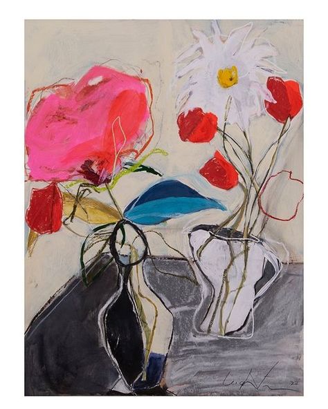 Leigh Viner on Instagram: "Still Life with one Rose" ~ Mixed Media on paper 11x14" (28x36 cm) #art #stilllife #flowers #vase #pitcher #Rose #daisy #abstract #leighviner #artonpaper #charcoal #gouche #pencil #oilpastel #pastel #floralart" Cactus Art Print, Plant Art Print, Abstract Floral Paintings, Abstract Floral Art, One Rose, Cactus Art, Watercolor Art Lessons, Still Life Art, Floral Prints Art