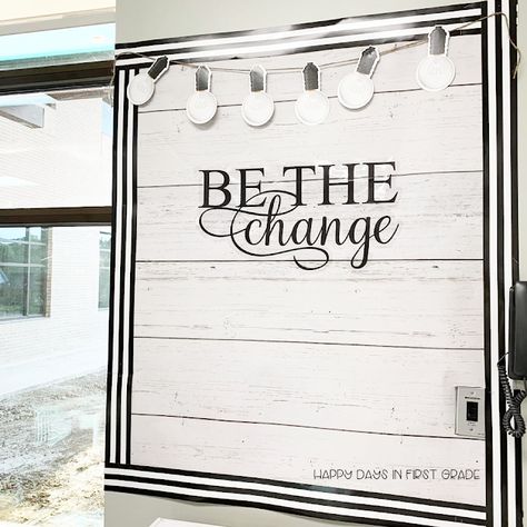 Industrial Chic Classroom, Shiplap Bulletin Board, Student Cubbies, Classroom Makeover, Building A Brand, Classroom Calendar, Teacher Signs, Middle School Classroom, Classroom Bulletin Boards