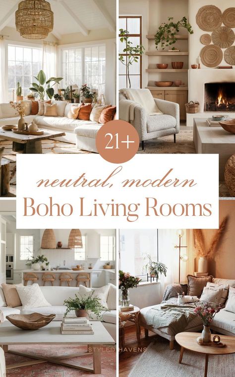 On the hunt for living room inspiration and love the cozy feel of a modern boho living room? Whether your living room style is more simple, you love a bit more color, or are aiming for a totally earthy living room these pretty, minimalist living room spaces are FULL of crazy good boho living room ideas you can totally copy. (SAVE to your boho interior inspo board for later!) Living Room Inspiration Boho Chic, Modern Boho Color Palette Living Room, Elevated Bohemian Decor, Bohemian Living Room Mood Board, Boho Chic Studio Apartment, White And Light Wood Living Room, Boho Family Room Ideas, Modern Boho Home Inspiration, Living Room Designs Plants