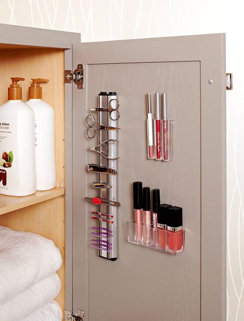 Narrow Cabinets For Small Spaces, Bathroom Cabinet Door Organization, Inside Cabinet Door Storage, Bathroom Cabinet Door Storage, Cabinet Door Storage Ideas, Ways To Organize Bathroom, Wall Storage Bathroom, Sneaky Storage, Emerald House