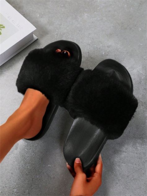 Women's Winter Plush Elegant Anti-Slip Thick-Soled Vintage Casual Versatile House & Street Fuzzy Slide Slippers, Solid Color Black Fashionable    Plain    Women Shoes, size features are:Bust: ,Length: ,Sleeve Length: Fuzzy Slides, Sofa Bed Decor, Model Runway, Slide Slippers, High Heel Wedges, Velvet Throw, Velvet Throw Pillows, Vintage Casual, Decorative Pillow Cases