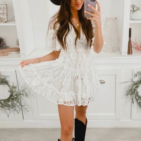 Lacy Mini Dress Super Cute For A Brunch Or Day Date! White Country Dress, Boho Bridal Shower Dress, Mock Neck Bodycon Dress, Dresses With Cowboy Boots, Pink Dress Casual, Country Dresses, Snake Print Dress, Bridal Shower Dress, Green Mini Dress