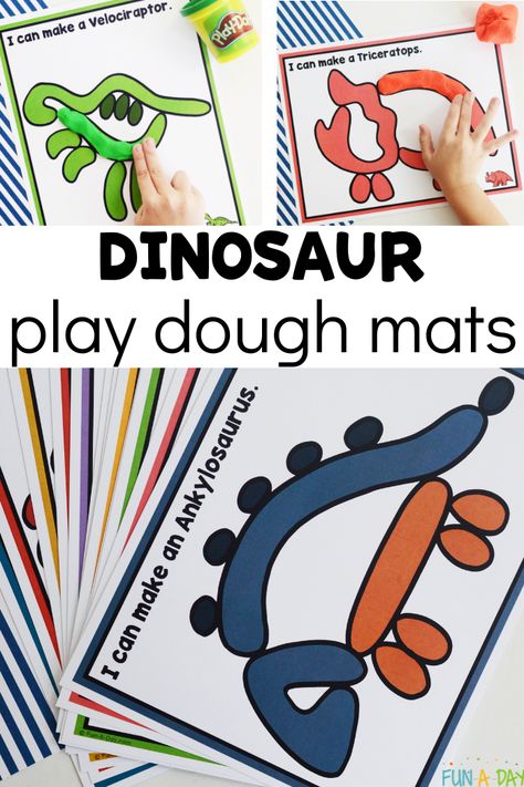 Your little paleontologists are going to get a kick out of these free printable dinosaur play dough mats. They can review the names of different dinosaurs as they strengthen their hands and create with play dough. Preschool Dinosaur Theme, Dinosaur Activities For Kids, Garden Preschool, Dinosaur Unit Study, Dinosaur Crafts Preschool, Dinosaur Template, Dinosaur Lesson, Dinosaur Theme Preschool, Dinosaur Activities Preschool