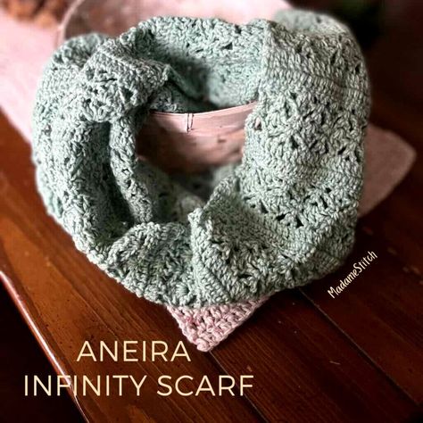 A lightweight winter scarf | The Aneira Infinity Scarf | A crochet design by MadameStitch Crochet Ideas Aesthetic, Crochet Infinity Scarf Free Pattern, Winter Scarf Pattern, Aesthetic Knit, Infinity Scarf Crochet, Crochet Infinity Scarf Pattern, Infinity Scarf Pattern, Crochet Scarf Pattern Free, Crochet Infinity Scarf