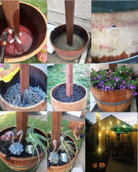 Poles For Outdoor Lights, Wine Barrel Planter, Diy Outdoor Lighting, Lights Diy, Barrel Planter, Flower Baskets, Deck Decorating Ideas On A Budget, Backyard Diy Projects, Diy Yard