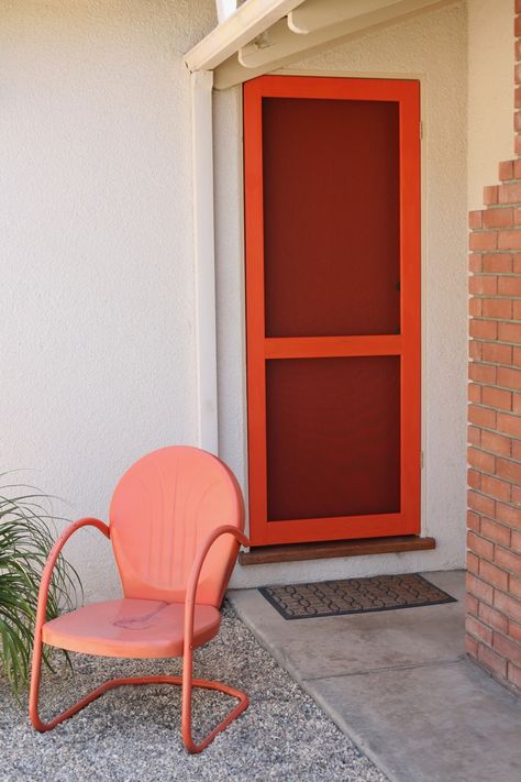 modern screen door DIY orange Cute Screen Door, Mcm Exterior Door, Mid Century Screen Door, Mcm Storm Door, Mid Century Modern Screen Door, Modern Screen Door, Front Screen Door, Front Door Screen, Screen Door Diy