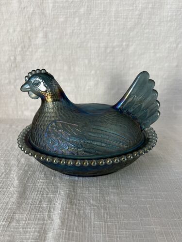 Vintage Indiana Glass Iridescent Blue Carnival Hen on Nest Covered Candy Dish | eBay