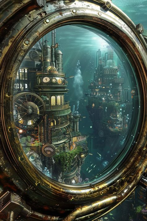 Submarine Aesthetic, Ville Steampunk, Steampunk Interior, Steampunk Aesthetic, Steampunk Couture, Art Steampunk, Cathedral Architecture, Underwater Art, Style Steampunk