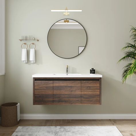 Latitude Run® 47.3'' Wall Mounted Single Bathroom Vanity with Resin Top | Wayfair Small Bathroom Mirror, Small Bathroom Mirrors, Mounted Vanity, Basin Design, Single Sink Bathroom, Hardwood Plywood, Contemporary Bathroom Vanity, Marble Vanity Tops, Bathroom Vanities For Sale