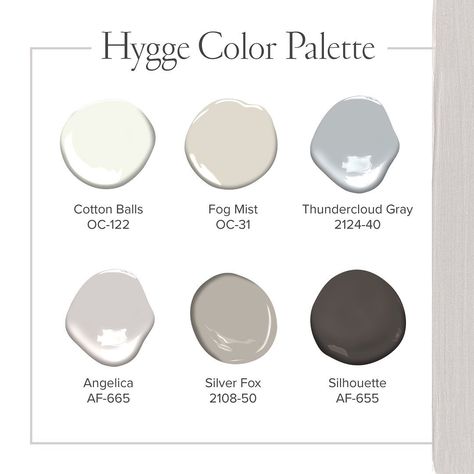 Benjamin Moore on Instagram: “Cozy up to our hygge-inspired palette. “[Hygge] is used when talking about everything wonderful and comfortable, without stress when you…” Hygge Painting, Hygge Paint Colors, Hygge 2023, Hygge Color Palette, Scandinavian Paint Colors, Hygge Cabin, Hygge Colors, Hygge Bedroom Ideas, Color Palette Paint