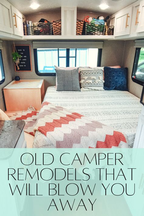 You can take an old camper and make it exactly what you want. Check out these remodels to inspire you to get going on your DIY project! These Old Camper Remodels Will Blow You Away Remodeling Old Campers Interior, Old Rv Makeover, Rv Bed Above Cab Remodel, Old Camper Remodels On A Budget, Complete Camper Rebuild, Diy Camper Projects, Updating Camper Interior, Camper Bed Remodel, Zinger Camper Remodel