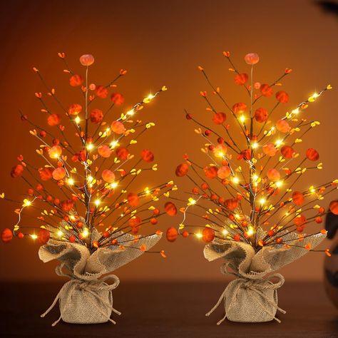 PRICES MAY VARY. Complete Set: this pre lit fall pumpkins tree is made of LED small light string, cement base, artificial pumpkins, flowers and leaves; Handmade, the delicate tree shape and lovely pumpkins can nicely enhance the fall atmosphere Suitable Size: the size of the autumn decor is about 18 inches/ 45.5 cm, which can be placed on a table or beside the window, and can be applied in most parts of your home to add fun to your holiday decorations, easy to move and place Easy to Apply: this Fall Office Decorations, Thanksgiving Living Room Decorations, Thanksgiving Tablescapes Simple, Fall Room Ideas, Lights Fall, Decor Room Ideas, Christmas Home Decorations, Pumpkin Tree, Tree With Lights