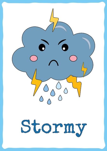 Flashcard for kids with cute weather eve... | Premium Vector #Freepik #vector #temperature #hot-cold #rain-cloud #rainy-cloud Weather Classroom Decorations, Weather Symbols For Kids, Weather Activities For Preschool, Weather Drawing, Weather Flashcards, Weather For Kids, Weather Activities Preschool, Cute Weather, Weather Clipart